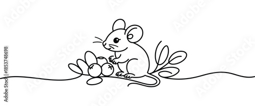 Cute Mouse Character Enjoying Flowers in Simple Hand Drawn Style Whimsical Nature Scene