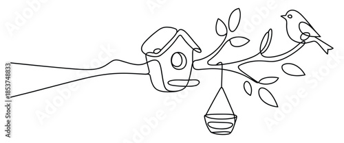 Charming Garden Scene with Birdhouse Feeder and Birds Creating Cozy Habitat