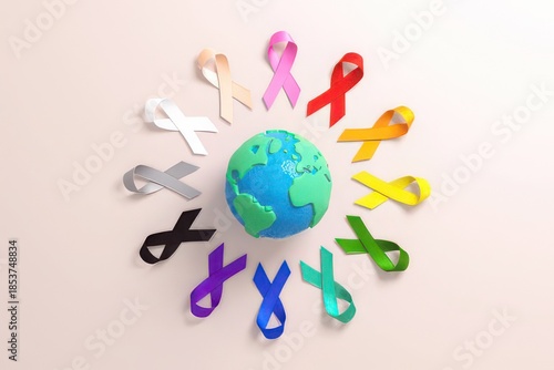 Vibrant awareness ribbons encircle the globe symbolizing unity and support