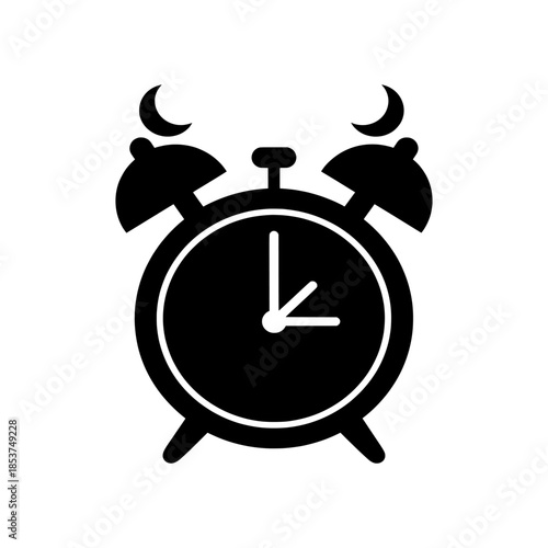 Alarm clock illustration with crescent moons and bells on a white background