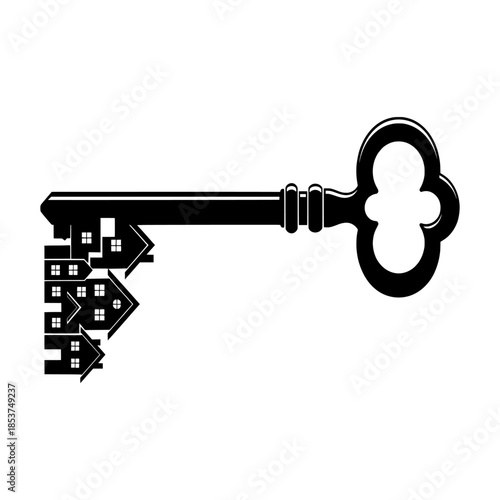 A large key unlocking multiple houses in a suburban neighborhood scene