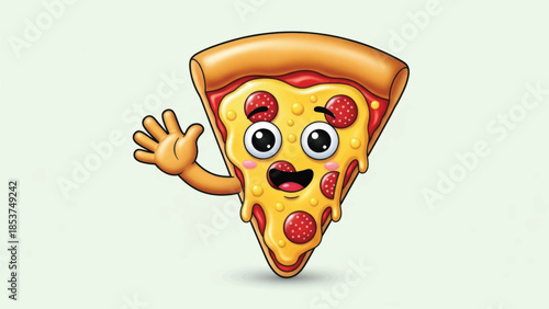 Cheerful cartoon pizza slice waves hello with a big smile.