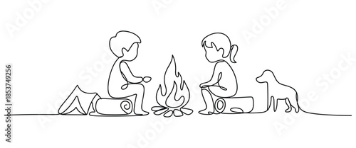 One Line Illustration of Two Campers Sitting by Fire with Dog Outdoor Scene