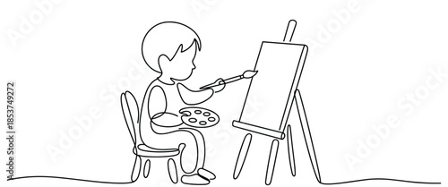 Minimal One Line Drawing of Young Artist Painting on Easel Creative Learning Scene