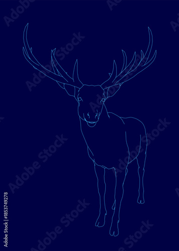 A blue contour deer with antlers stands outlined against a dark blue background. The minimalist line drawing creates a stark and elegant contrast.