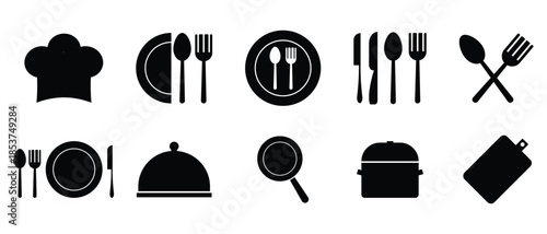 set of kitchen cooking icon, restaurant and home kitchen icon, Kitchen Utensils Icon Vector, knife, spoon, plate, pot, pan icon set, set of silhouettes of kitchen tools.