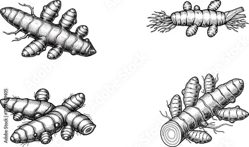 Turmeric Root Food Illustration Set Etching Engraving Style Botanical Spice Vintage Hand Drawn Black White