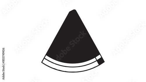 Minimalist black triangular icon with curved white bands on white background.