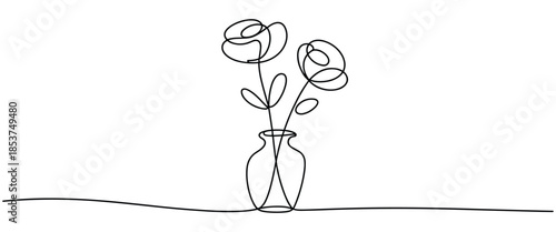 Minimal Single Stroke Artwork Showing Elegant Roses Arranged in Glass Vase Still Life