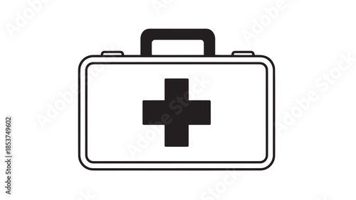 Graphic illustration of a first aid kit with a medical cross, a clear emergency supplies icon for safety and preparedness.