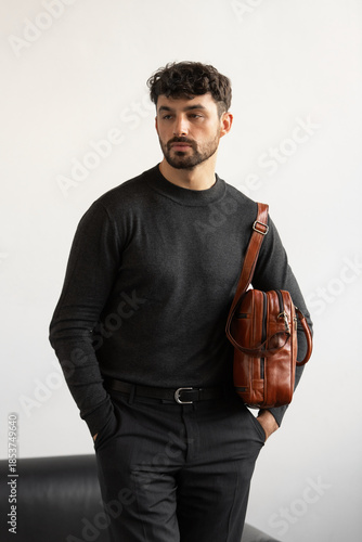 Professional male model in charcoal crewneck knitwear holding a light brown leather briefcase in a minimalist studio setting