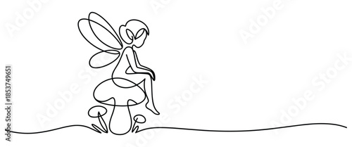 Minimal One Line Illustration of Graceful Fairy Sitting Thoughtfully on Mushroom Fantasy Scene