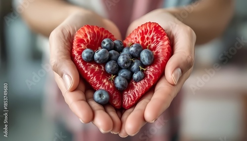 Person holding heart shaped fruit with fresh blueberries in hands