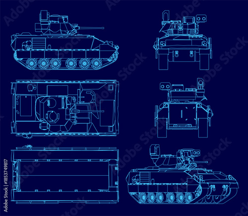 Detailed blueprint of a main battle tank on a blue background, featuring technical set outlines of the turret, tracks, and internal components.