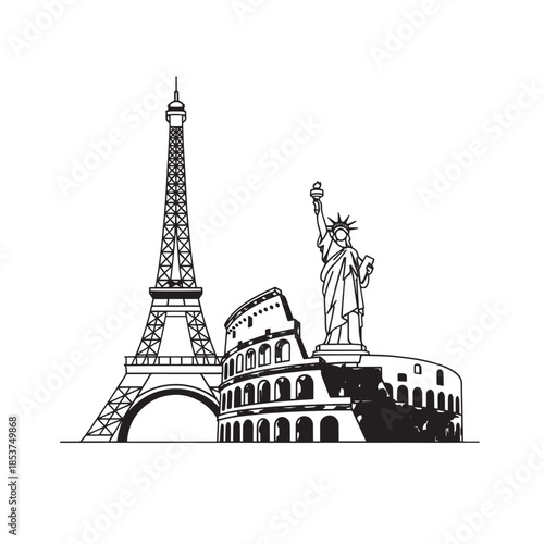 Iconic trio of world landmarks: Eiffel Tower, Colosseum, and Statue of Liberty silhouette in travel scene.