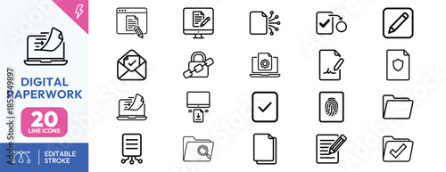 Digital paperwork management icons set