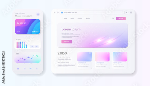 Modern dashboard UI design for mobile app and web interface with pastel gradient cards, analytics charts, and clean navigation layout.