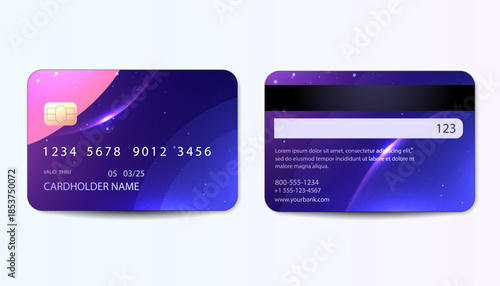Vector credit card template with front and back views, glowing gradient waves and magnetic stripe. Modern banking and payment design for finance presentations and digital commerce.