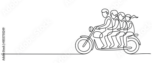 Minimal Continuous Sketch of Four Riders Sharing Motorcycle Motion Concept Illustration