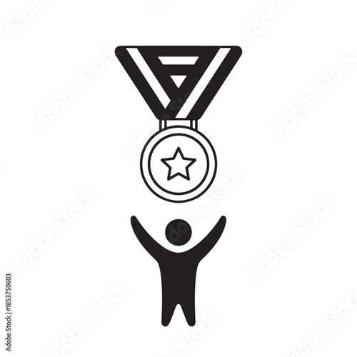 Illustration of a person raising arms in celebration with a medal hanging from a ribbon, symbolizing achievement and recognition.