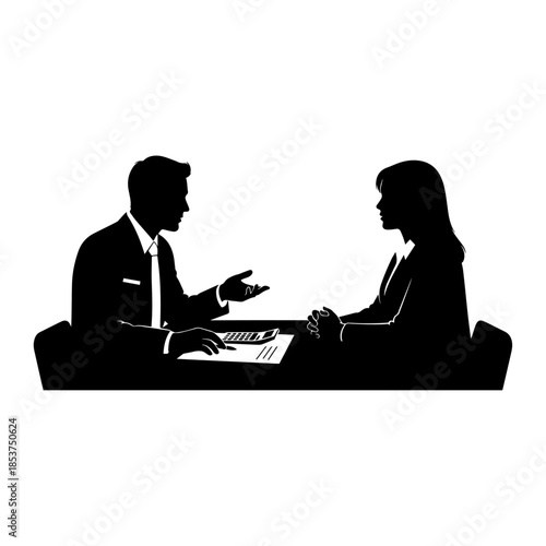 Silhouette business meeting between man and woman seated at table.