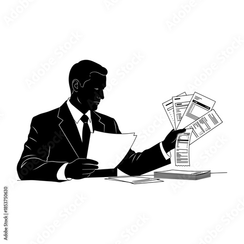Silhouette businessman reviewing documents at desk.