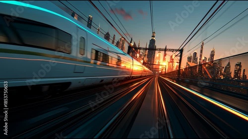 High Speed Rail Moving Fast Through Modern City Skyline at Sunset