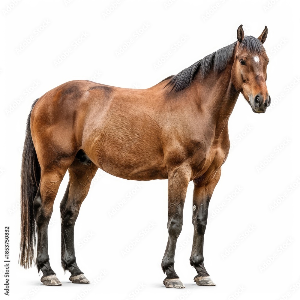 Obraz premium Studio shot of a brown horse standing against a white background