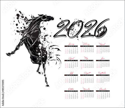 Vector Sketch Horse Calendar 2026 — Hand-Drawn Galloping Horse Illustration.