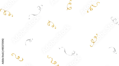 Scattered gold and silver curling ribbons vector illustration on a clean white background for celebration designs.