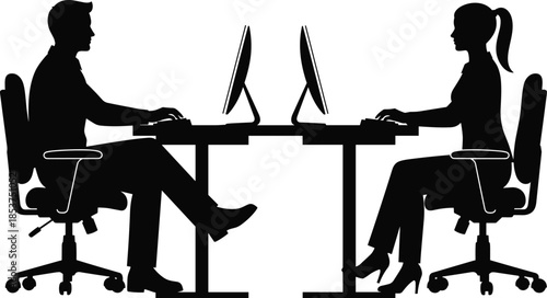 Business office silhouette, man and woman working on computers, modern workplace teamwork, corporate collaboration concept, isolated vector illustration