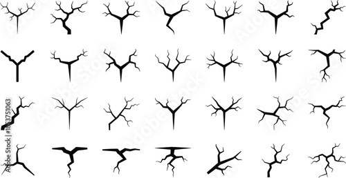 Cracked ground silhouette set, dry soil fracture patterns, black vector collection, drought damage texture, abstract nature design isolated white