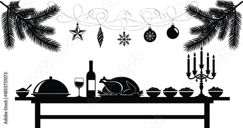 Christmas dinner table silhouette illustration, festive holiday feast with decorations, pine branches ornaments candles, winter celebration dining scene artwork
