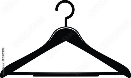 Clothes hanger silhouette icon, wardrobe organization concept, minimal laundry storage symbol, fashion retail graphic, black and white illustration design