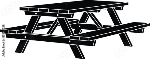 Picnic table silhouette illustration, outdoor furniture design, wooden bench table icon, park camping concept, black and white graphic, minimal vector style