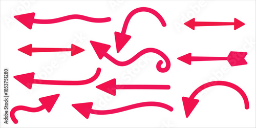 Cute vector set of arrows, hand drawing style, playful and whimsical design, variety of arrow shapes and directions, isolated on white background