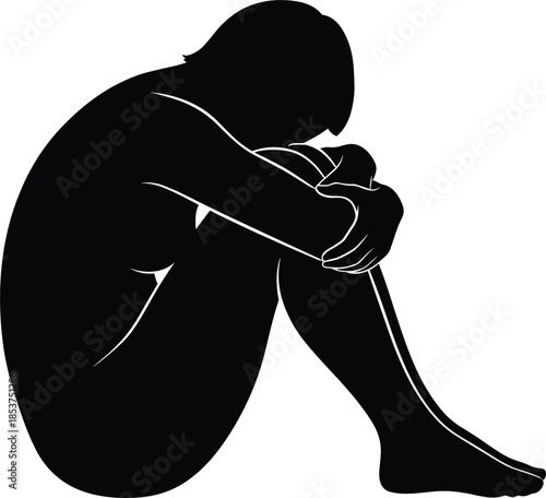 Sad woman sitting silhouette illustration, depression and loneliness concept, emotional mental health struggle, despair posture, black and white minimalist artwork