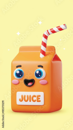 Playful cartoon juice box with straw and a cheerful face on a bright yellow background.