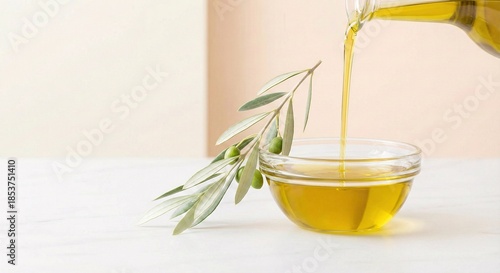 Fresh Extra Virgin Olive Oil Pouring into Bowl with Green Olive Branch Healthy Lifestyle