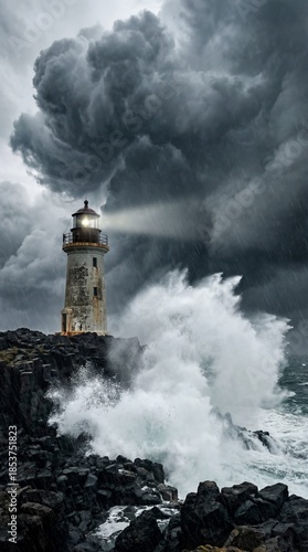 Quadro em tela Ancient lighthouse beacon shining through a violent sea storm with crashing wave
