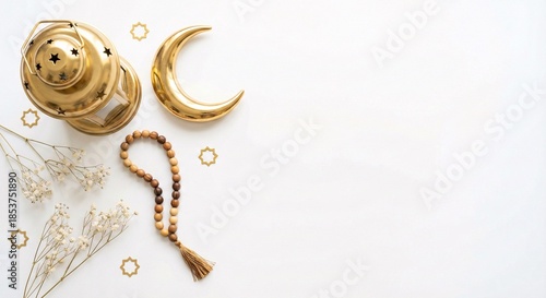 Golden Islamic Ramadan Eid Decoration with Lantern Crescent Moon Prayer Beads and Copy Space