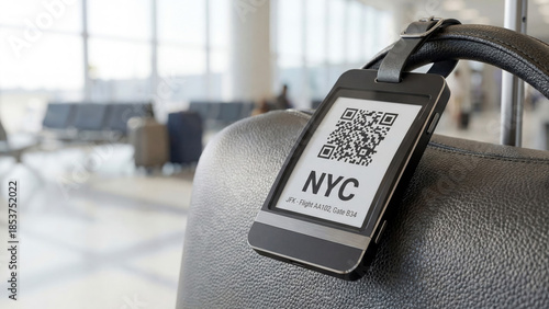 Travel luggage tag airport suitcase handle qr code tag nyc destination airport terminal travel concept baggage claim business travel modern luggage departure gate
