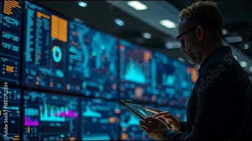 Man Working with Data Screens Technology Control Room Cyber Security