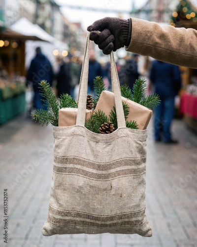 Christmas market eco bag gift winter holiday street pine fir present hand Linen tote bag with wrapped gift box pine branch and cone held by gloved hand winter christmas market street festive