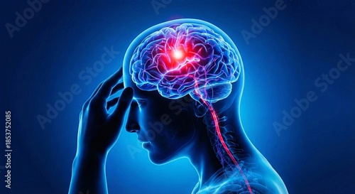 Human brain pain concept with glowing red highlight and connected spinal cord