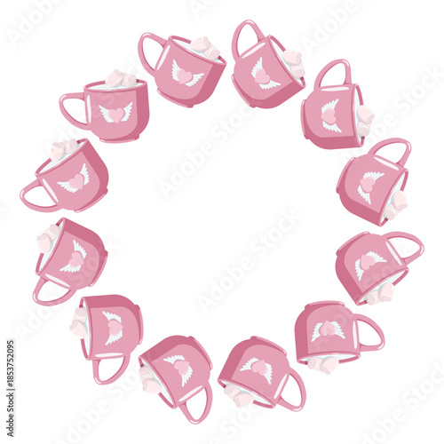 Circular Valentine illustration with pink mugs of marshmallows and winged hearts forming a wreath on pastel blue. Sweet romantic design for cards, decor, invitations and festive themes