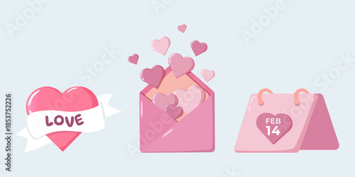 Valentine illustration with LOVE heart, envelope spilling hearts and FEB 14 calendar in pink pastel style. Sweet romantic design for cards, decor, invitations and festive themes