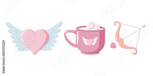 Valentine illustration with winged heart, pink mug of marshmallows and Cupid arrow in pastel style. Sweet romantic design for cards, decor, invitations and festive themes