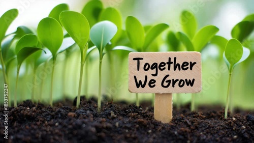 Seedlings growing in rich soil with motivational sign, agricultural growth concept, teamwork and collaboration, nurturing plants, environmental sustainability, green nature background