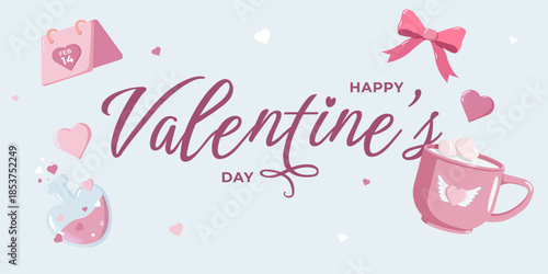 Valentine illustration with Happy Valentine s Day text, FEB 14 calendar, mug of marshmallows, bow and love potion in pastel style. Sweet romantic design for cards, decor and festive themes